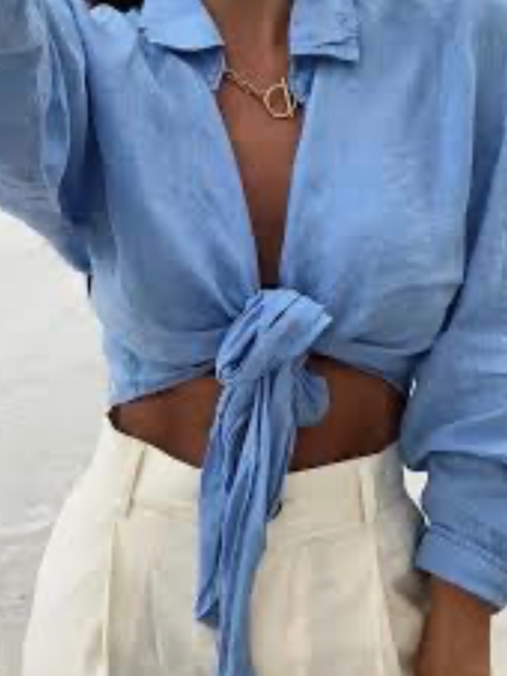 ZARA~100% Linen Light Blue Collared Cropped Top~Front Tie~Long Sleeves~Size XS